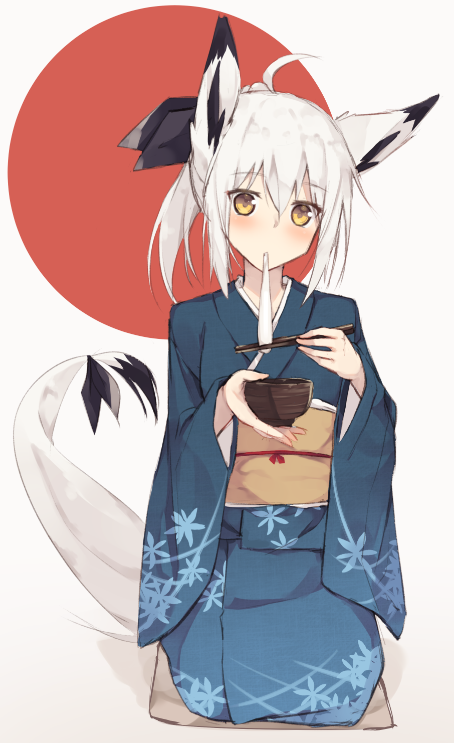 1girl ahoge animal_ears bangs black_ribbon blue_kimono blush bowl eating eyebrows_visible_through_hair food food_in_mouth fox_ears fox_tail full_body hair_between_eyes hair_ribbon highres holding_chopsticks japanese_clothes kimono long_sleeves looking_at_viewer mochi mouth_hold nagishiro_mito new_year obi original ponytail ribbon rising_sun sash seiza short_hair sitting solo sunburst tail tail_ribbon two-tone_background wagashi white_hair wide_sleeves yellow_eyes zouni_soup