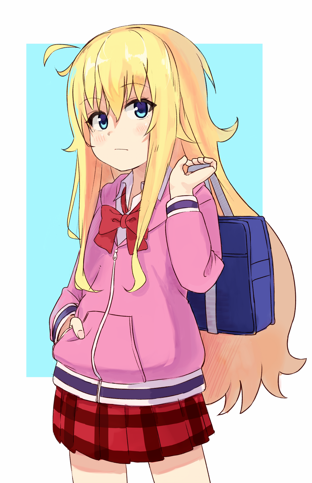 1girl :| ahoge aqua_background bag blonde_hair blue_eye bow bowtie carrying_bag carrying_over_shoulder closed_mouth commentary cowboy_shot fr33 gabriel_dropout hair_flaps hand_in_pocket highres hood hoodie long_hair messy_hair open_collar pink_hoodie pleated_skirt school_bag skirt solo tenma_gabriel_white