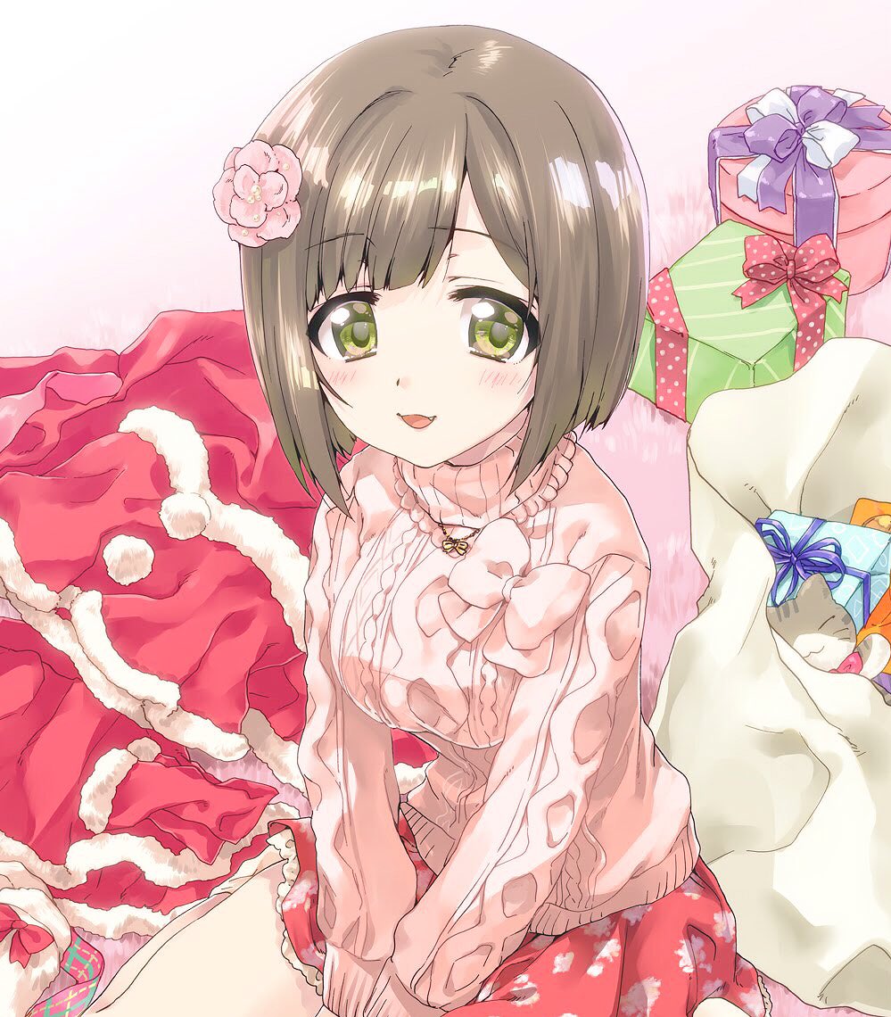 1girl :3 bag bangs brown_hair carpet commentary_request eyebrows_visible_through_hair fang flower gift green_eyes hair_flower hair_ornament idolmaster idolmaster_cinderella_girls jewelry kuroi_mimei lace lace-trimmed_skirt long_sleeves looking_at_viewer maekawa_miku necklace open_mouth oversized_object pink_sweater print_skirt red_skirt short_hair sitting skirt smile socks solo sweater turtleneck v_arms wariza white_legwear