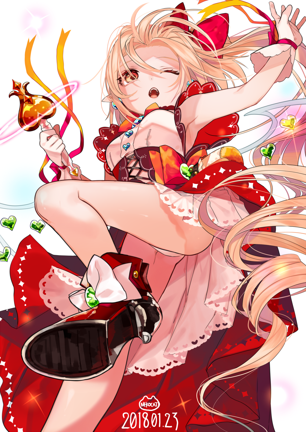 1girl adapted_costume ass bare_legs blonde_hair bow breasts commentary corset dated dress drill_hair earrings flandre_scarlet floating_hair from_below gloves gotoh510 hair_bow hands_up heart high_heels highres jewelry laevatein long_hair looking_at_viewer one_eye_closed panties pantyshot pointy_ears red_bow red_dress red_eyes red_footwear shoes simple_background sleeveless sleeveless_dress small_breasts solo touhou underwear very_long_hair white_background white_gloves white_panties