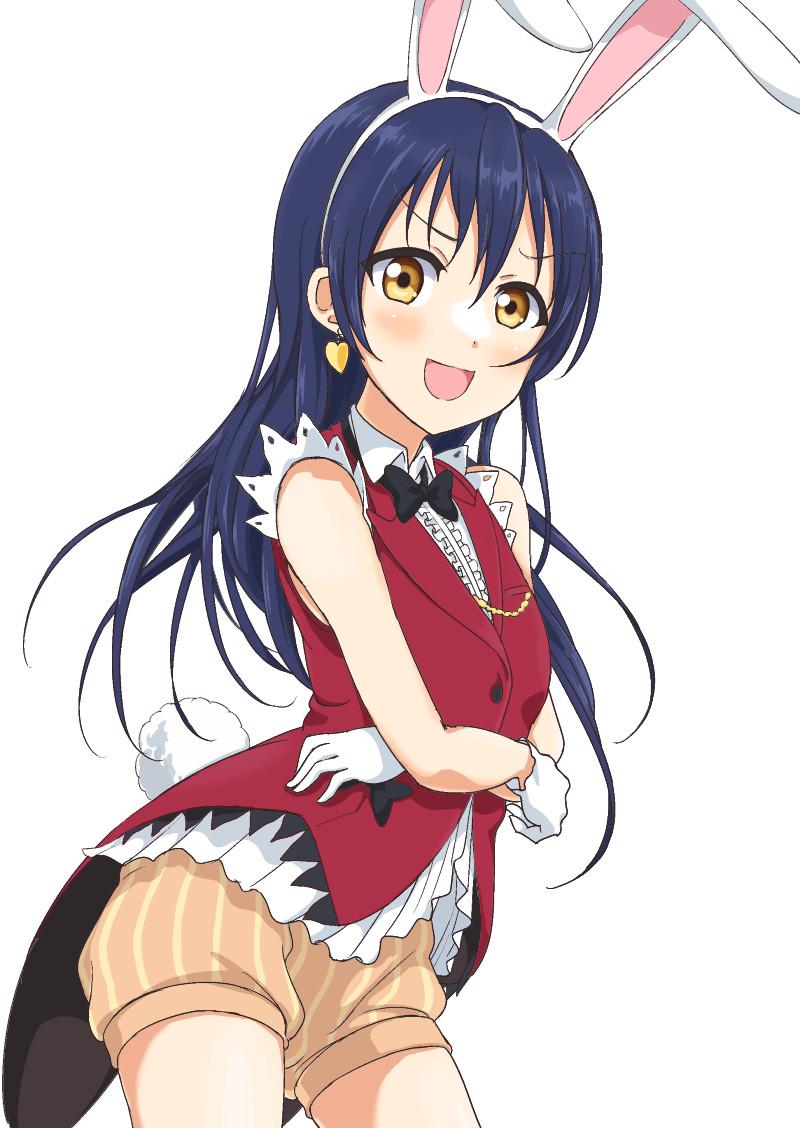 1girl animal_ears bangs blue_hair blush commentary_request earrings gloves hair_between_eyes jewelry korekara_no_someday long_hair looking_at_viewer love_live! love_live!_school_idol_project open_mouth puffy_shorts rabbit_ears shorts simple_background sleeveless solo sonoda_umi tetopetesone white_background white_gloves yellow_eyes