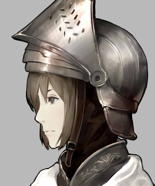 1girl armor brown_hair closed_mouth commentary_request face from_side grey_background grey_eyes keemu_(occhoko-cho) original profile short_hair simple_background solo visor_(armor) visor_lift