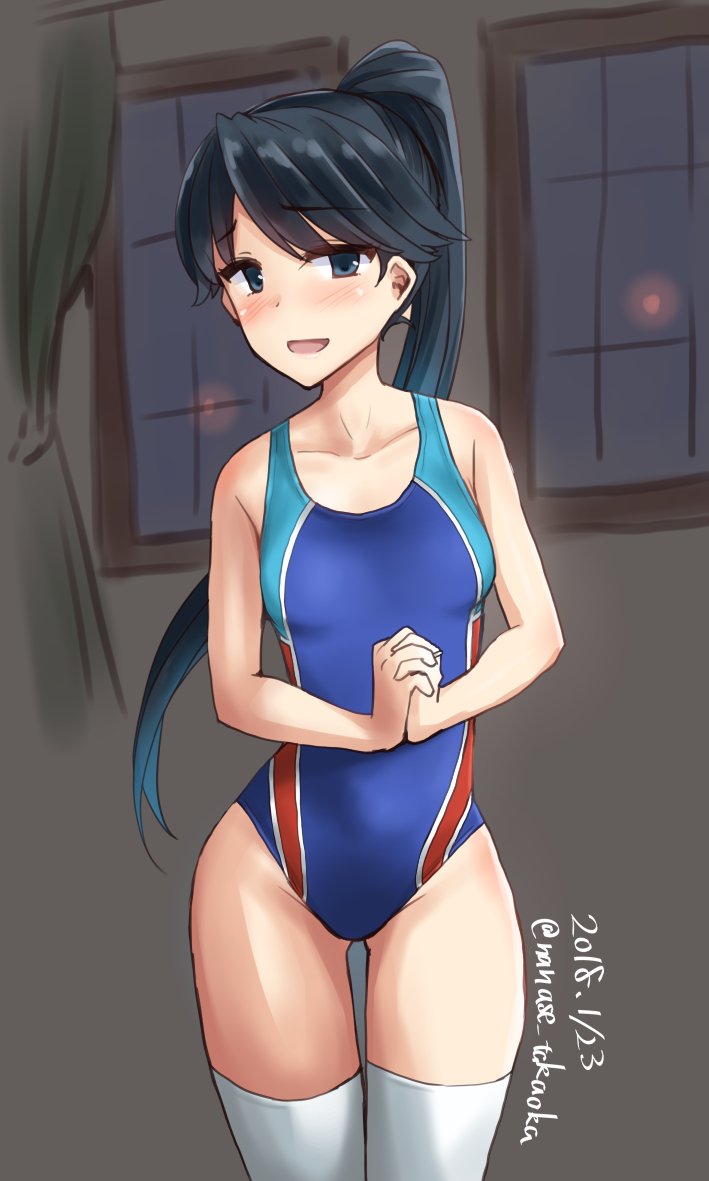 1girl black_eyes black_hair blue_swimsuit competition_swimsuit cosplay cowboy_shot dated grey_background hands_clasped houshou_(kantai_collection) idolmaster idolmaster_cinderella_girls idolmaster_cinderella_girls_starlight_stage kantai_collection long_hair looking_at_viewer nitta_minami nitta_minami_(cosplay) one-piece_swimsuit open_mouth own_hands_together ponytail smile solo standing swimsuit takaoka_nanase thigh-highs thigh_gap twitter_username white_legwear window
