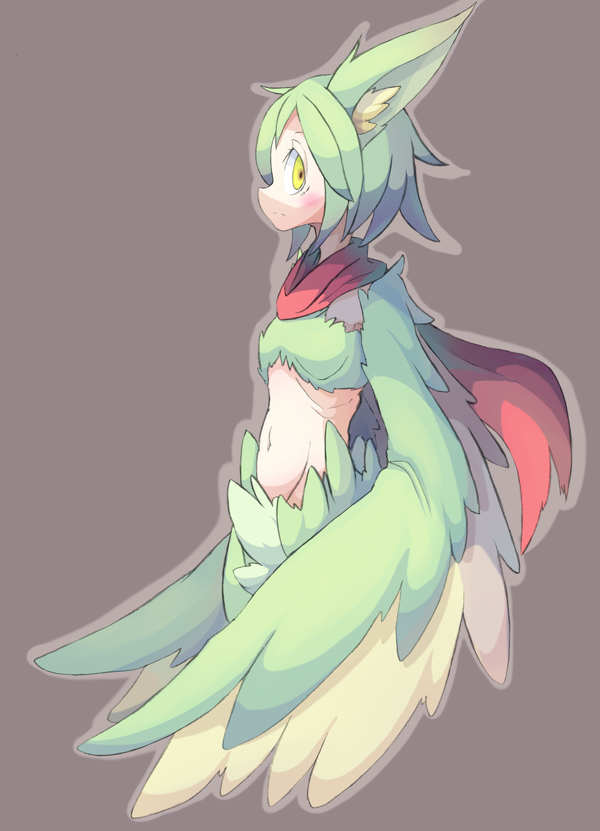 1girl 4139 animal_ears blush breasts feathered_wings feathers green_feathers green_hair harpy highres looking_to_the_side midriff monster_girl original scarf small_breasts solo winged_arms wings yellow_eyes yellow_feathers