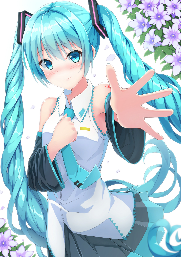 1girl aqua_hair aqua_neckwear bangs bare_shoulders black_skirt blue_eyes blush closed_mouth collared_shirt commentary_request detached_sleeves eyebrows_visible_through_hair flower hair_between_eyes hair_ornament hatsune_miku kaieee long_hair long_sleeves looking_at_viewer necktie outstretched_arm pleated_skirt purple_flower shirt skirt sleeveless sleeveless_shirt smile solo twintails very_long_hair vocaloid white_background white_shirt wide_sleeves