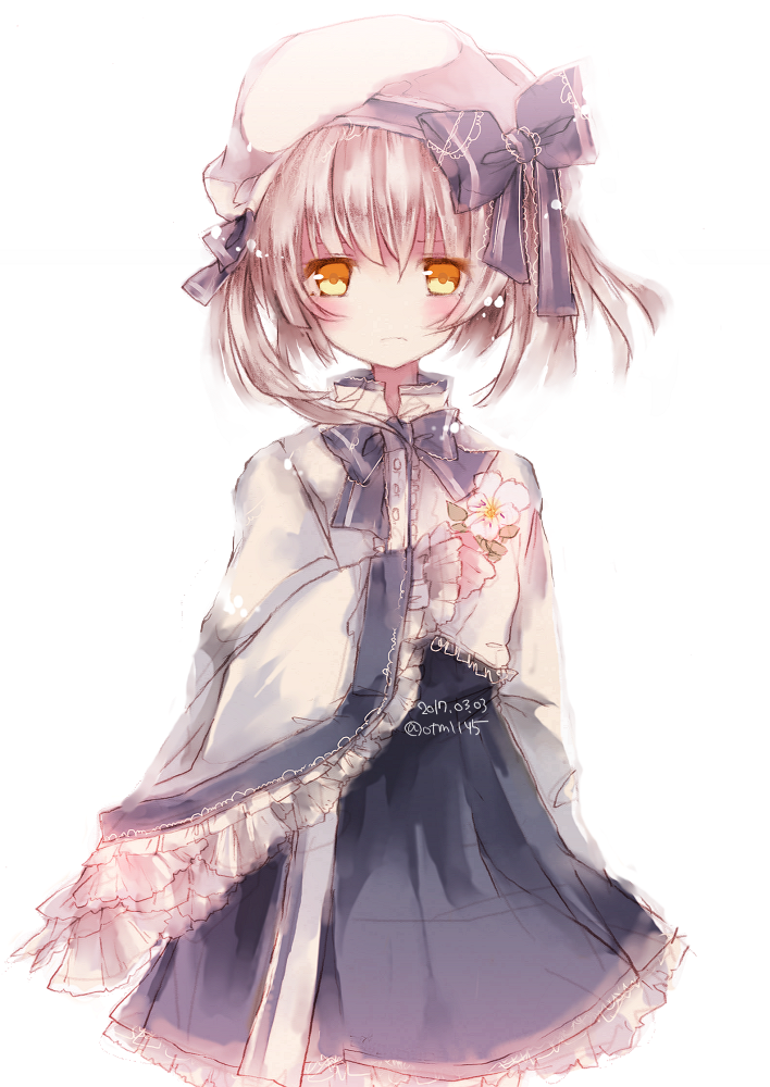 1girl artist_name bangs blonde_hair blue_bow blush bow commentary_request dated dress flower hair_between_eyes hair_ribbon hat looking_at_viewer multicolored multicolored_clothes multicolored_dress original ribbon sato_imo short_hair solo translation_request yellow_eyes