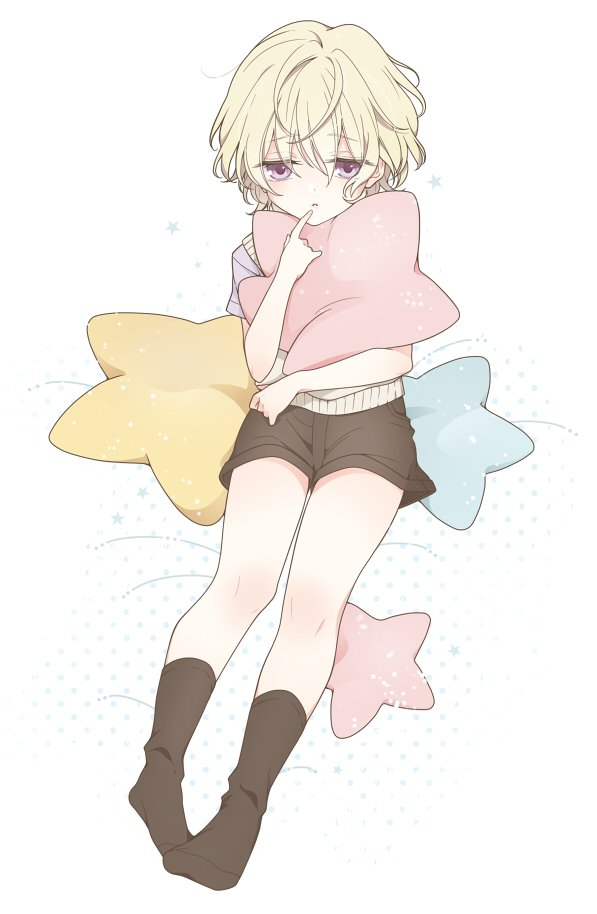 1boy blonde_hair blush child finger_to_mouth lavender_eyes little_twin_stars nishimiya_ryou open_mouth pillow polka_dots sanrio sanrio_danshi short_hair shorts simple_background sleepy socks solo star_pillow sweater_vest violet_eyes young younger