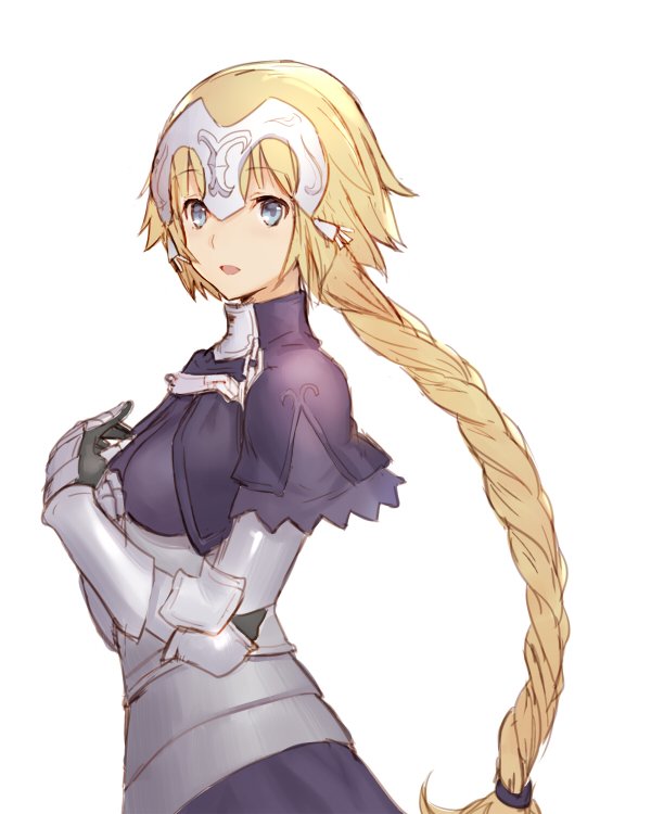 1girl :d bangs blonde_hair blue_eyes braid breasts capelet commentary_request eyebrows_visible_through_hair fate/apocrypha fate_(series) from_side gauntlets headpiece jeanne_d'arc_(fate) jeanne_d'arc_(fate)_(all) keemu_(occhoko-cho) large_breasts long_hair looking_at_viewer looking_to_the_side open_mouth plate_armor simple_background single_braid smile solo standing upper_body very_long_hair white_background