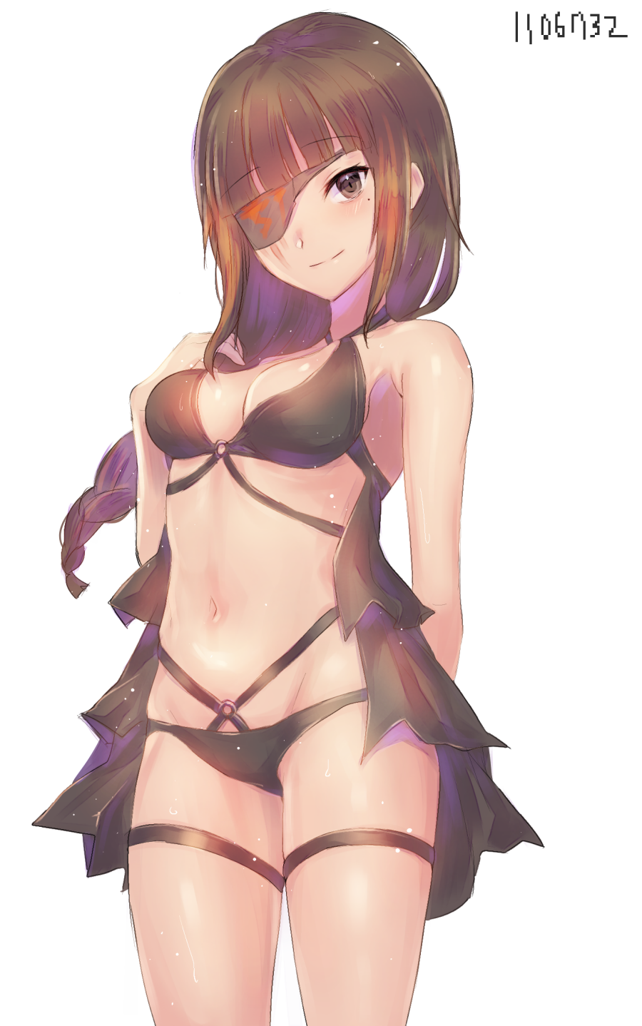 1girl armpits bangs bare_shoulders bikini black_bikini blunt_bangs blush braid breasts brown_eyes brown_hair cleavage closed_mouth cowboy_shot dated eyebrows_visible_through_hair girls_frontline halterneck highres light_particles long_hair looking_at_viewer m16a1_(girls_frontline) medium_breasts mole mole_under_eye navel redhead saku_t simple_background single_braid smile solo standing stomach swimsuit thigh_strap thighs white_background