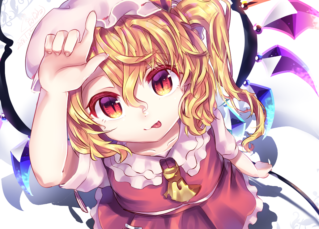 1girl ascot blonde_hair closed_mouth dated flandre_scarlet from_above gunjou_row hair_between_eyes hand_up holding laevatein long_hair looking_at_viewer miniskirt one_side_up red_eyes red_skirt short_sleeves skirt skirt_set slit_pupils smile solo tongue tongue_out touhou vest white_background wings yellow_neckwear