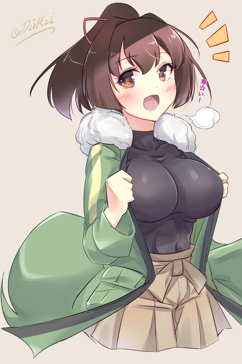 1girl black_shirt breasts breath brown_background brown_eyes brown_hair brown_hakama commentary_request fur-trimmed_jacket fur_trim green_jacket hair_ribbon hakama highres ise_(kantai_collection) jacket japanese_clothes kantai_collection large_breasts looking_at_viewer lzd ponytail ribbon shirt short_hair simple_background skin_tight solo turtleneck twitter_username undershirt