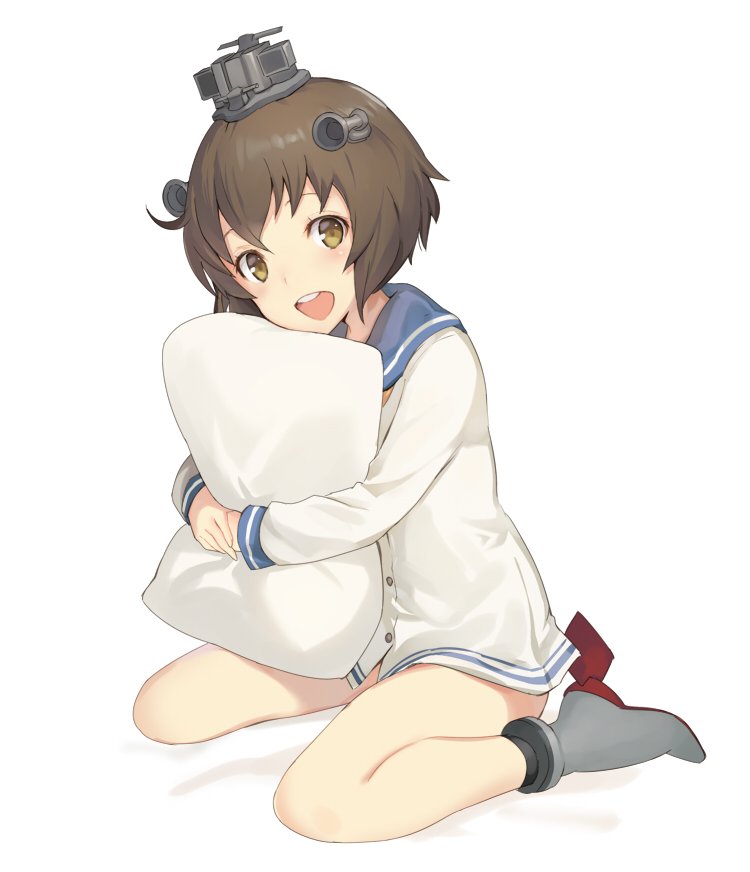 1girl :d ankle_boots bangs blue_sailor_collar blush boots brown_eyes brown_hair commentary_request dress full_body grey_footwear headgear high_heel_boots high_heels kantai_collection keemu_(occhoko-cho) long_sleeves looking_at_viewer neckerchief open_mouth pillow pillow_hug round_teeth sailor_collar sailor_dress short_hair simple_background sitting smile solo teeth white_background yellow_neckwear yukikaze_(kantai_collection)