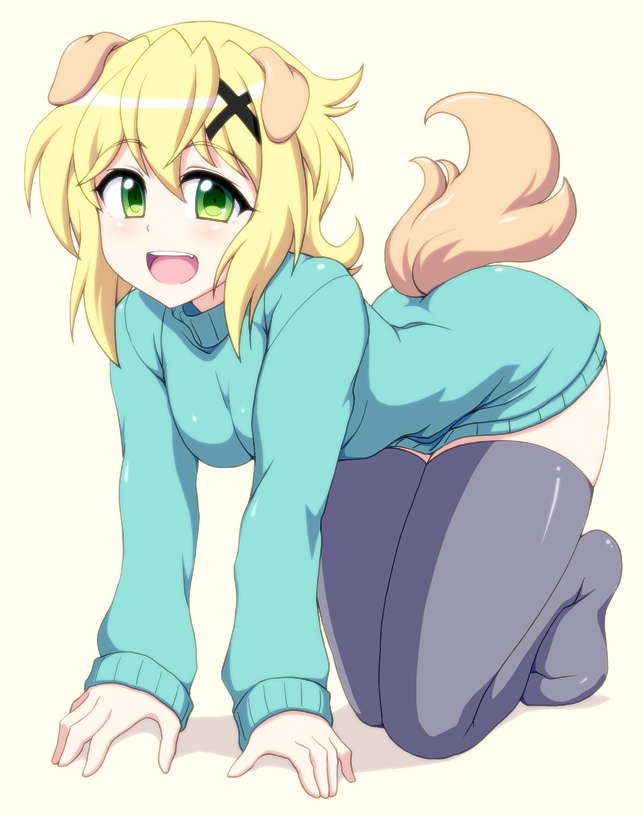 1girl akatsuki_kirika all_fours animal_ears black_legwear blonde_hair blush breasts commentary_request dog_ears dog_tail eyebrows_visible_through_hair full_body green_eyes green_sweater hair_ornament long_sleeves looking_at_viewer medium_breasts open_mouth senki_zesshou_symphogear shiny shiny_hair shiny_skin short_hair solo sweater tail teeth thigh-highs turtleneck x_hair_ornament zetsumu