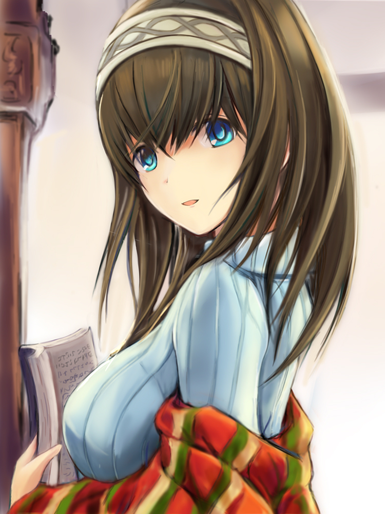 1girl :d bangs blue_eyes blue_sweater book breasts brown_hair from_side hair_between_eyes hairband holding holding_book idolmaster idolmaster_cinderella_girls indoors long_hair looking_at_viewer looking_to_the_side medium_breasts nannacy7 open_book open_mouth sagisawa_fumika shawl smile solo sweater tareme upper_body