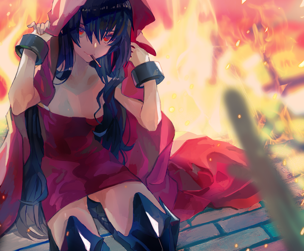 1girl black_hair blurry blurry_foreground boots cigarette cuffs depth_of_field dress fire hood hood_up kibadori_rue long_hair looking_at_viewer mouth_hold original red_dress red_eyes short_dress sitting smile solo