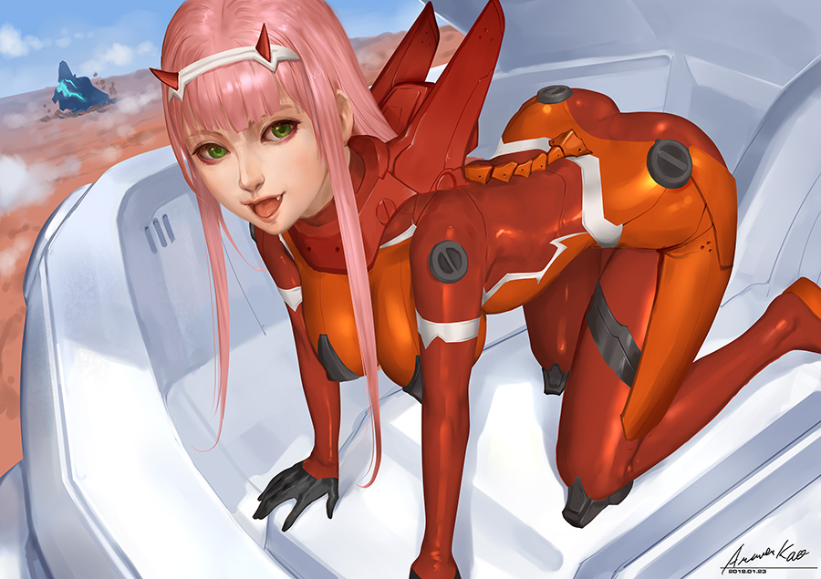 1girl all_fours ariverkao bodysuit breasts darling_in_the_franxx fang green_eyes hairband horns lips long_hair looking_at_viewer medium_breasts open_mouth pink_hair signature solo tongue zero_two_(darling_in_the_franxx)