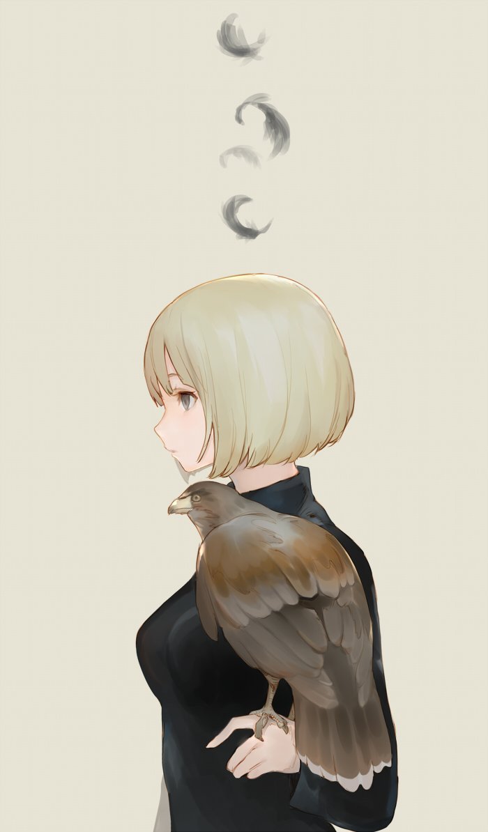 1girl bird bird_on_hand black_sweater blonde_hair breasts closed_mouth commentary_request copyright_request eagle feathers from_side green_eyes grey_background keemu_(occhoko-cho) long_sleeves medium_breasts profile short_hair simple_background solo sweater upper_body