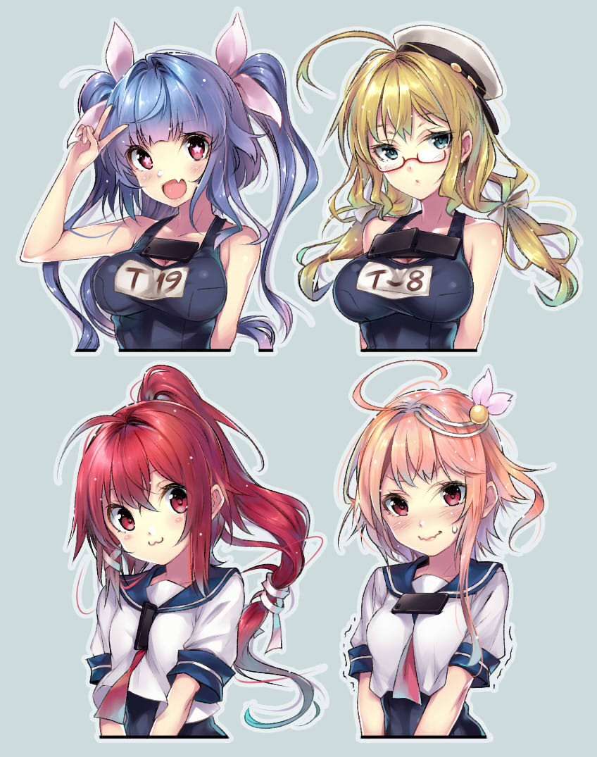 4girls :3 ahoge arm_up bangs bare_shoulders between_breasts black_swimsuit blonde_hair blue_background blue_eyes blue_hair blue_sailor_collar blush blush_stickers breasts character_name cleavage collarbone competition_school_swimsuit crop_top fang flower glasses hair_flower hair_ornament hair_ribbon hario_4 i-168_(kantai_collection) i-19_(kantai_collection) i-58_(kantai_collection) i-8_(kantai_collection) kantai_collection large_breasts long_hair looking_at_viewer medium_breasts motion_lines multiple_girls name_tag nervous_smile orange_hair outline pink_eyes pink_ribbon ponytail red_eyes red_neckwear redhead ribbon sailor_collar semi-rimless_eyewear shirt short_sleeves simple_background single_sidelock small_breasts star star-shaped_pupils swimsuit symbol-shaped_pupils tareme tawawa_challenge trembling tsurime two_side_up under-rim_eyewear upper_body v v-shaped_eyebrows wavy_mouth white_outline white_shirt x_hair_ornament you're_doing_it_wrong