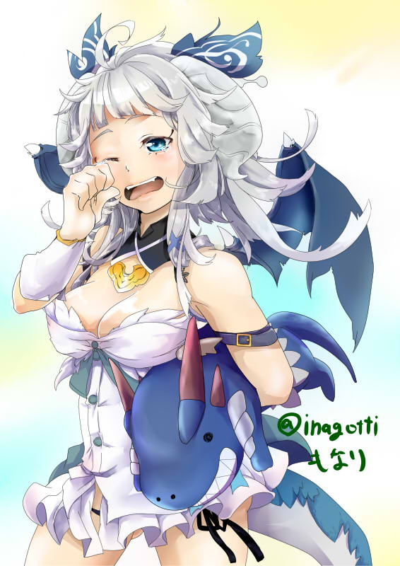 ;o ahoge anya_(sennen_sensou_aigis) arm_belt bare_shoulders breasts cleavage hair_ornament medium_breasts momari3 one_eye_closed sennen_sensou_aigis silver_hair skirt standing stuffed_animal stuffed_dragon stuffed_toy twitter_username white_skirt wings x_hair_ornament yawning