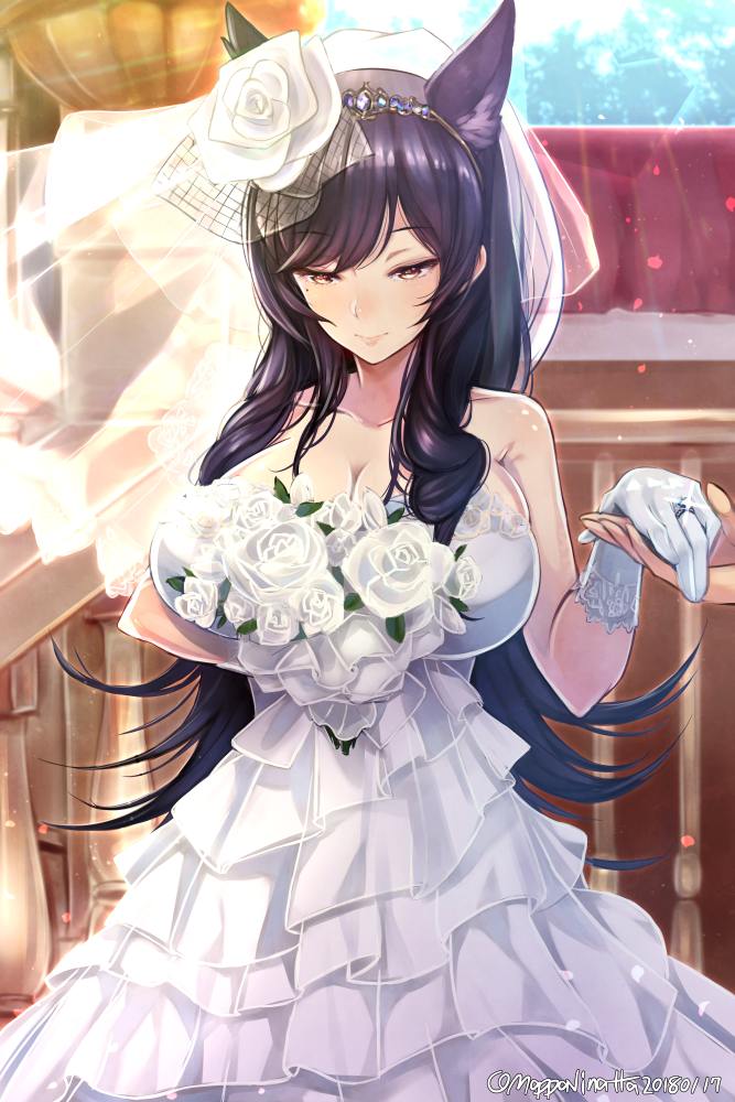 1girl animal_ears atago_(azur_lane) azur_lane bangs bare_shoulders black_hair blush bouquet breasts bridal_veil bride cleavage closed_mouth collarbone day dress eyebrows_visible_through_hair flipped_hair flower glint gloves hair_flower hair_ornament holding jewelry large_breasts long_hair mappaninatta mole mole_under_eye outdoors railing ring rose solo_focus sparkle strapless strapless_dress sunlight swept_bangs twitter_username veil very_long_hair wedding_dress wedding_ring white_dress white_flower white_gloves white_rose