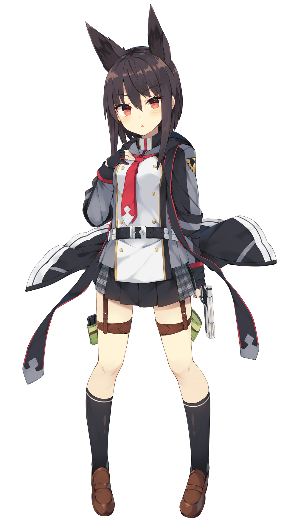 1girl :o animal_ears arm_at_side armband belt belt_buckle black_gloves black_hair black_legwear black_skirt blush brown_footwear buckle double-breasted emblem eyebrows_visible_through_hair full_body gloves grey_jacket gun hand_on_own_chest handgun highres holding holding_gun holding_weapon holster jacket kneehighs legs_apart loafers long_sleeves looking_at_viewer miniskirt necktie nibiiro_shizuka open_clothes open_jacket open_mouth original partly_fingerless_gloves pigeon-toed pistol plaid plaid_skirt pleated_skirt red_eyes red_neckwear shoes short_hair_with_long_locks sidelocks simple_background skirt solo standing thigh_holster thigh_strap uniform v-shaped_eyebrows weapon white_background