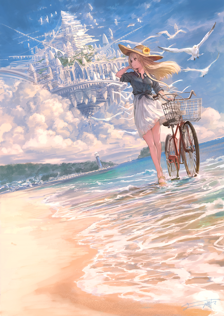 1girl arm_up bangs bare_legs beach bicycle_basket bird blonde_hair breasts brown_eyes cityscape closed_mouth clouds collared_shirt dutch_angle fantasy floating_city flower full_body hat hat_flower highres horizon lighthouse long_hair looking_to_the_side medium_breasts medium_skirt original sand santa_costume scenery seagull shirt shore sidelocks skirt sleeves_pushed_up smile standing straight_hair sunflower white_skirt wing_collar you_shimizu