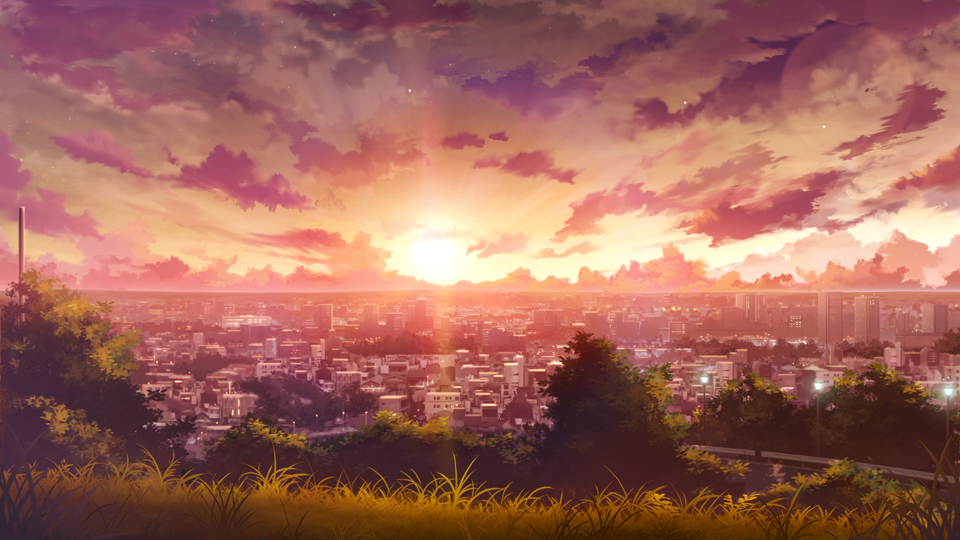 city cityscape clouds cloudy_sky commentary_request grass hill mikago_kotaro no_humans original outdoors scenery sky sunlight sunset