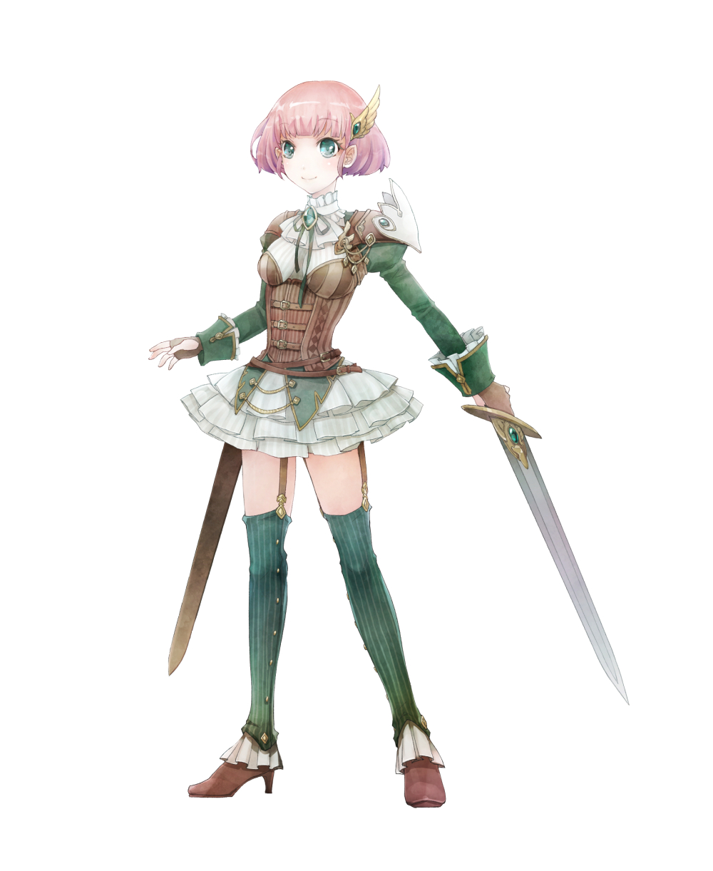 1girl blush brown_footwear brown_gloves bustier closed_mouth commentary_request fantasy fingerless_gloves full_body garter_straps gloves green_eyes green_legwear hair_ornament high_heels highres holding holding_sword holding_weapon juliet_sleeves long_sleeves looking_at_viewer original pink_hair pleated_skirt puffy_sleeves sachi_(yumemayoi) scabbard sheath short_hair simple_background skirt smile solo sword thigh-highs unsheathed weapon white_background white_skirt