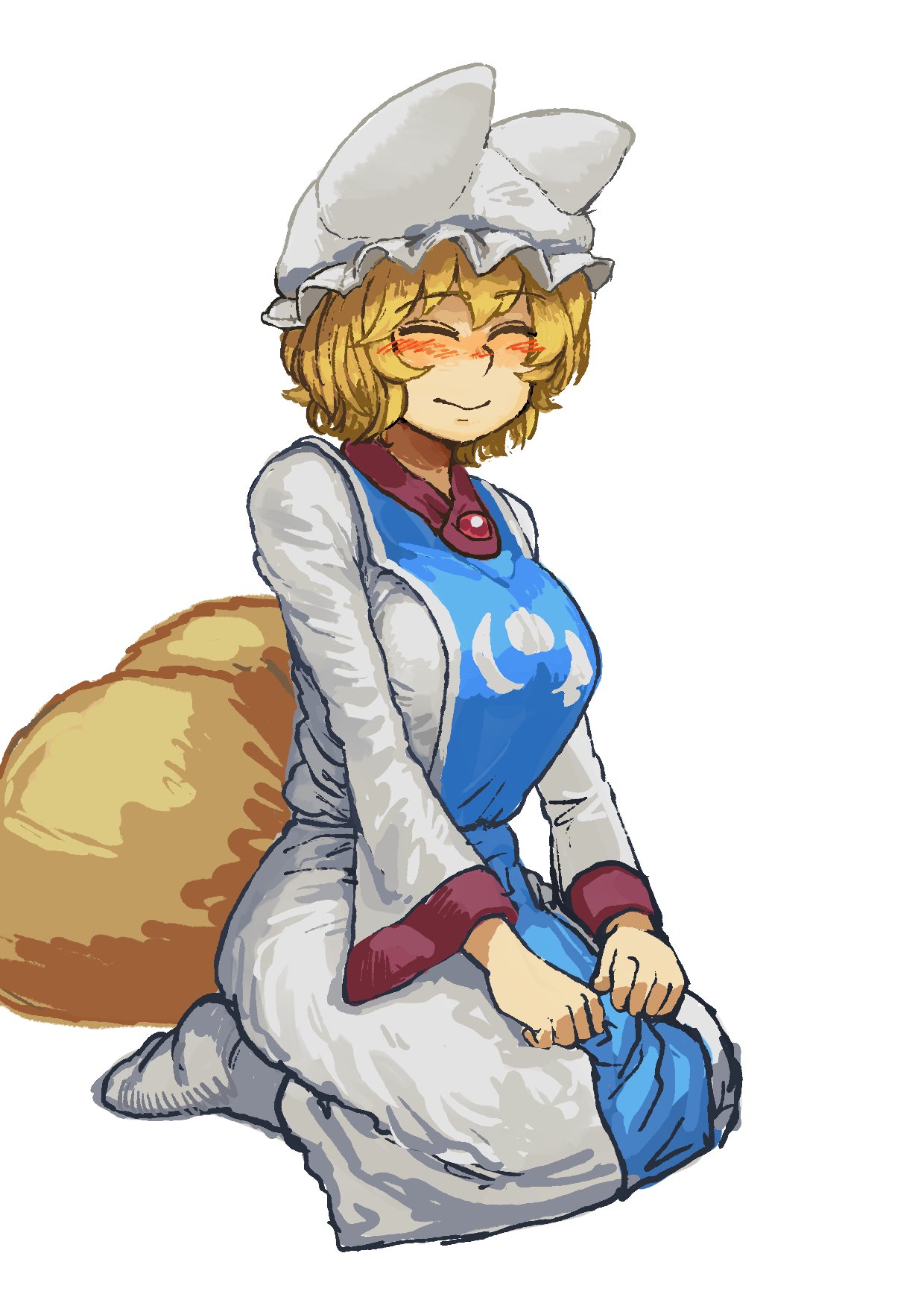 1girl animal_ears bangs blonde_hair chanta_(ayatakaoisii) closed_eyes closed_mouth commentary_request eyebrows_visible_through_hair fox_ears fox_tail happy hat highres long_skirt long_sleeves multiple_tails pillow_hat seiza shirt short_hair simple_background sitting skirt smile solo tabard tail touhou white_background white_hat white_legwear white_shirt white_skirt yakumo_ran