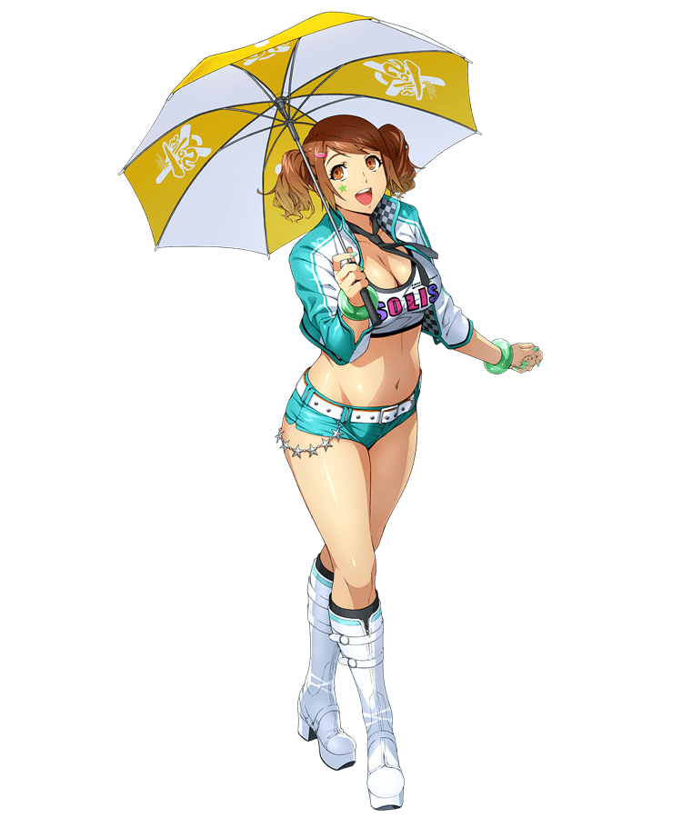 1girl boots bracelet brown_eyes brown_hair cropped_jacket facial_mark full_body hair_ornament hairclip holding holding_umbrella jewelry long_sleeves nail_polish official_art olive_oppert open_mouth platform_footwear short_shorts shorts solo standing super_robot_wars super_robot_wars_x-omega transparent_background twintails umbrella upper_teeth watanabe_wataru white_footwear