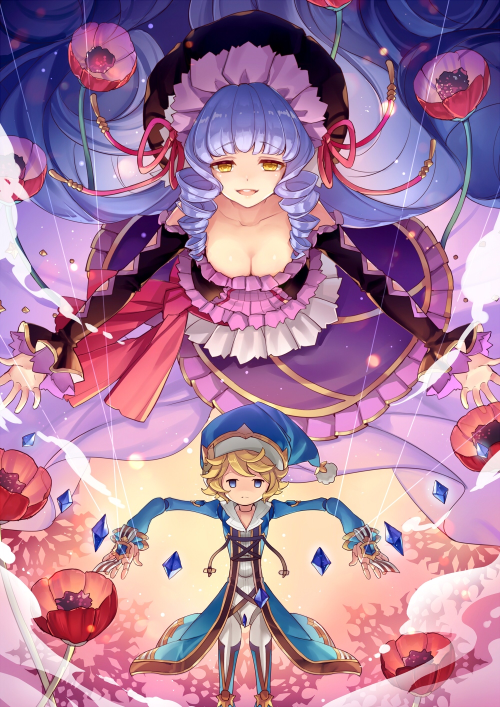 1girl :d achan_(blue_semi) betor_(granblue_fantasy) blonde_hair blue_eyes blue_hat blush bonnet breasts brown_eyes cleavage closed_mouth collarbone curly_hair dress eyebrows_visible_through_hair floating_hair flower gem granblue_fantasy hat highres long_hair long_sleeves looking_at_viewer medium_breasts morphe_(granblue_fantasy) open_mouth outstretched_arms puppet puppet_strings purple_hair short_hair smile standing very_long_hair