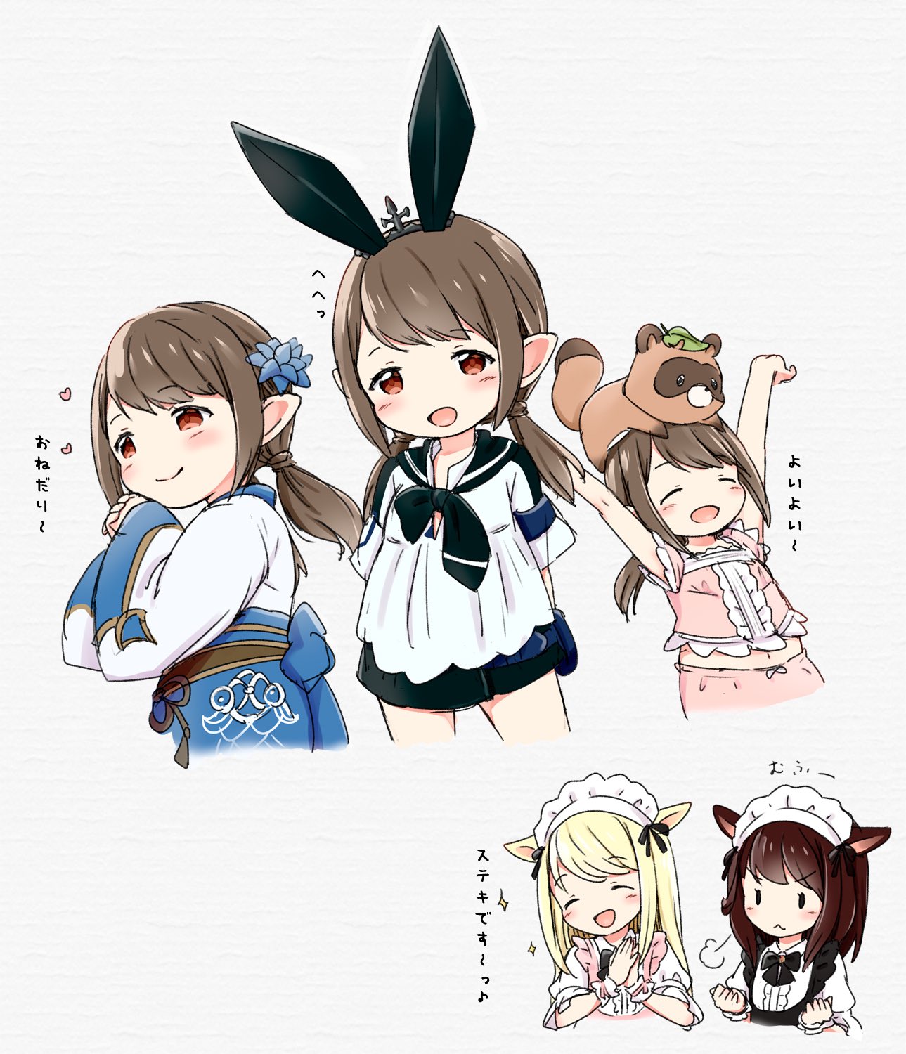 5girls :&lt; animal animal_ears animal_on_head arms_behind_back arms_up black_skirt blonde_hair brown_eyes brown_hair closed_eyes fake_animal_ears final_fantasy final_fantasy_xiv flower hair_flower hair_ornament hands_together highres japanese_clothes kimono lalafell long_hair low_twintails midriff mikomiqote miqo'te multiple_girls navel on_head open_mouth pink_shirt pointy_ears ponytail rabbit_ears shirt simple_background skirt smile tanuki twintails upper_body white_background white_shirt