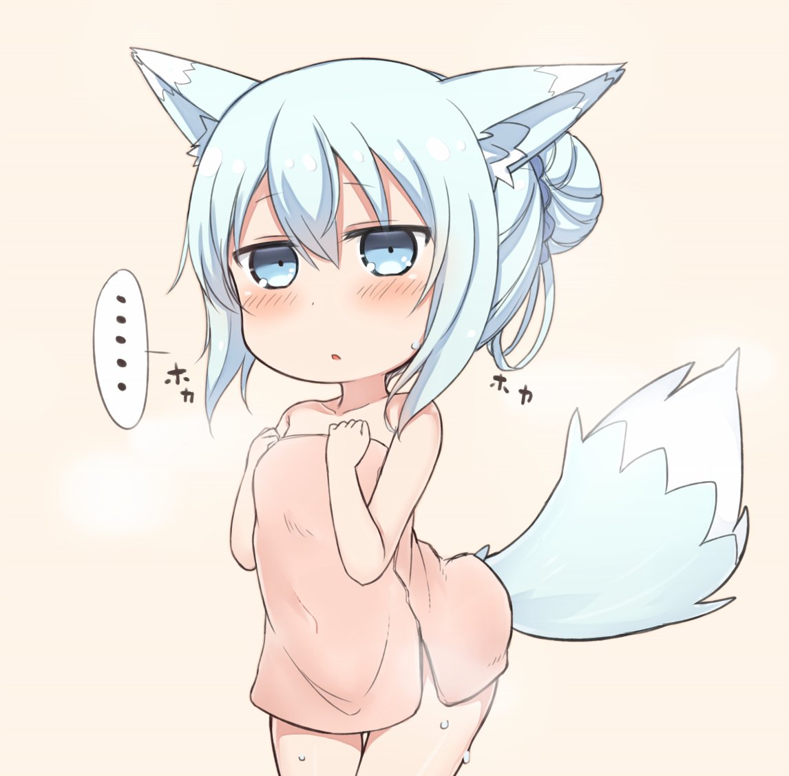 ... 1girl animal_ears bangs beige_background blue_eyes blue_hair blush breasts collarbone commentary_request cowboy_shot eyebrows_visible_through_hair fox_ears fox_girl fox_tail hair_between_eyes hair_bun hibiki_(kantai_collection) kantai_collection kemonomimi_mode long_hair naked_towel nonono_(mino) parted_lips simple_background small_breasts solo spoken_ellipsis sweat tail thigh_gap towel wet