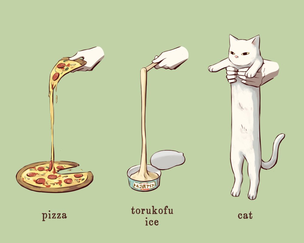 avogado6 black_eyes cat commentary_request disembodied_limb english food green_background holding holding_food longcat meme original pepperoni pizza stick white_cat yellow_sclera