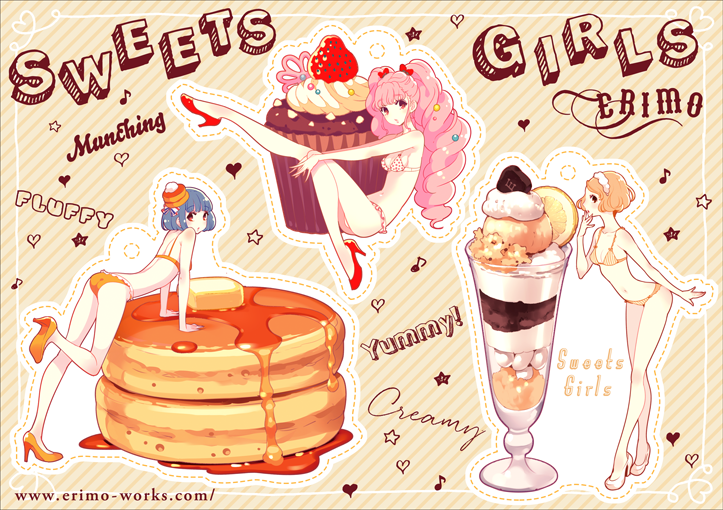 3girls arm_support bare_arms bare_legs bare_shoulders blue_hair bow bra brown_eyes butter cake commentary_request cupcake diagonal-striped_background diagonal_stripes dotted_line drill_hair english food hair_bow heart high_heels leg_up light_brown_hair long_hair multiple_girls musical_note nishimura_eri orange_bra orange_footwear orange_panties original outline pancake pancake_hair_ornament panties parfait pink_hair polka_dot polka_dot_bra quaver red_bow red_eyes red_footwear sitting stack_of_pancakes standing standing_on_one_leg star striped syrup twin_drills twintails underwear underwear_only vertical-striped_bra vertical-striped_panties vertical_stripes watermark web_address white_bra white_footwear white_panties