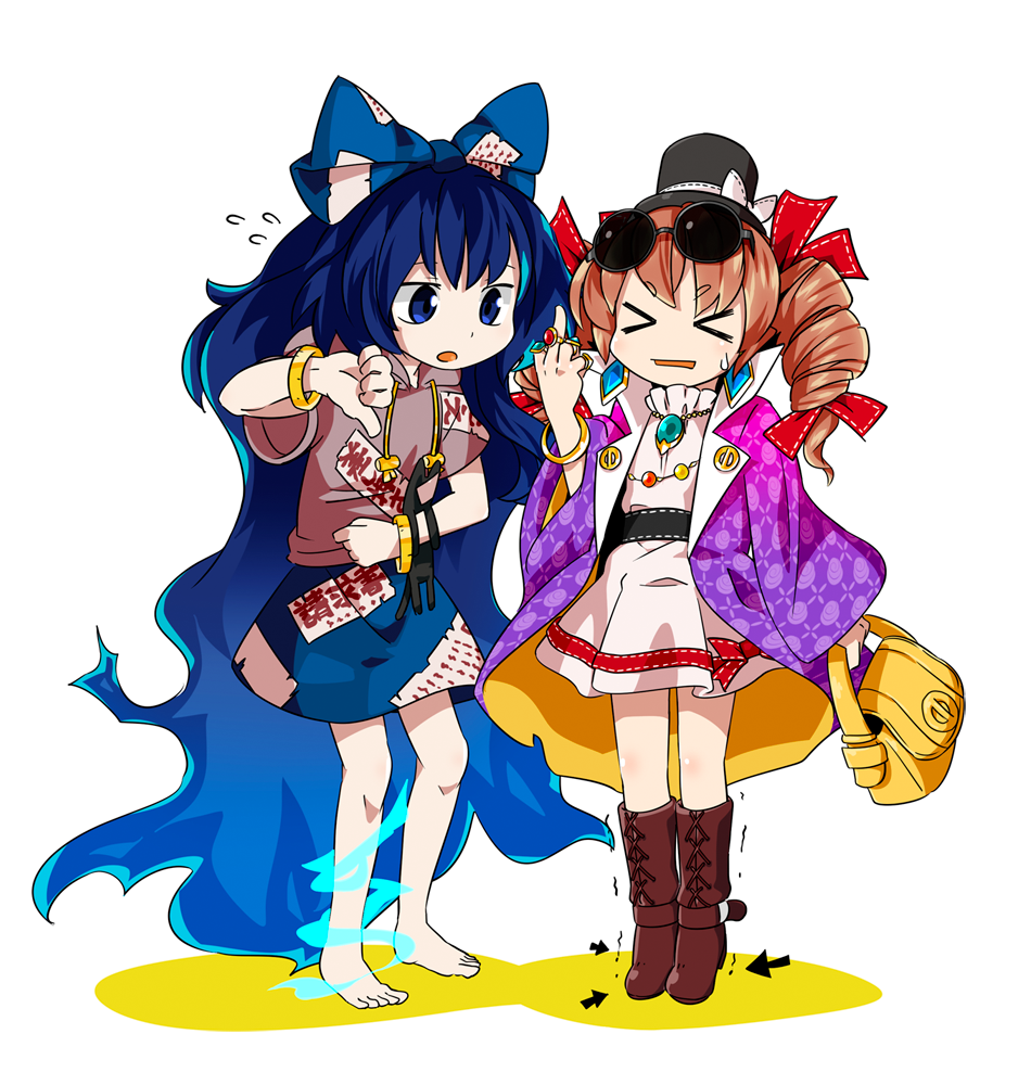 &gt;_&lt; 2girls bag bangle bangs bare_legs belt black_hat blue_bow blue_eyes blue_hair blue_skirt boots bow bracelet brown_footwear brown_hair byourou debt dress drill_hair earrings eyebrows_visible_through_hair full_body hair_bow hair_ribbon handbag hat hat_bow holding hood hoodie jacket jewelry long_hair middle_finger miniskirt multiple_girls necklace purple_jacket red_ribbon ribbon ring short_eyebrows short_sleeves siblings simple_background sisters skirt stuffed_animal stuffed_cat stuffed_toy sweatdrop thick_eyebrows thumbs_down top_hat touhou trembling twin_drills very_long_hair white_background white_bow white_dress wide_sleeves yorigami_jo'on yorigami_shion