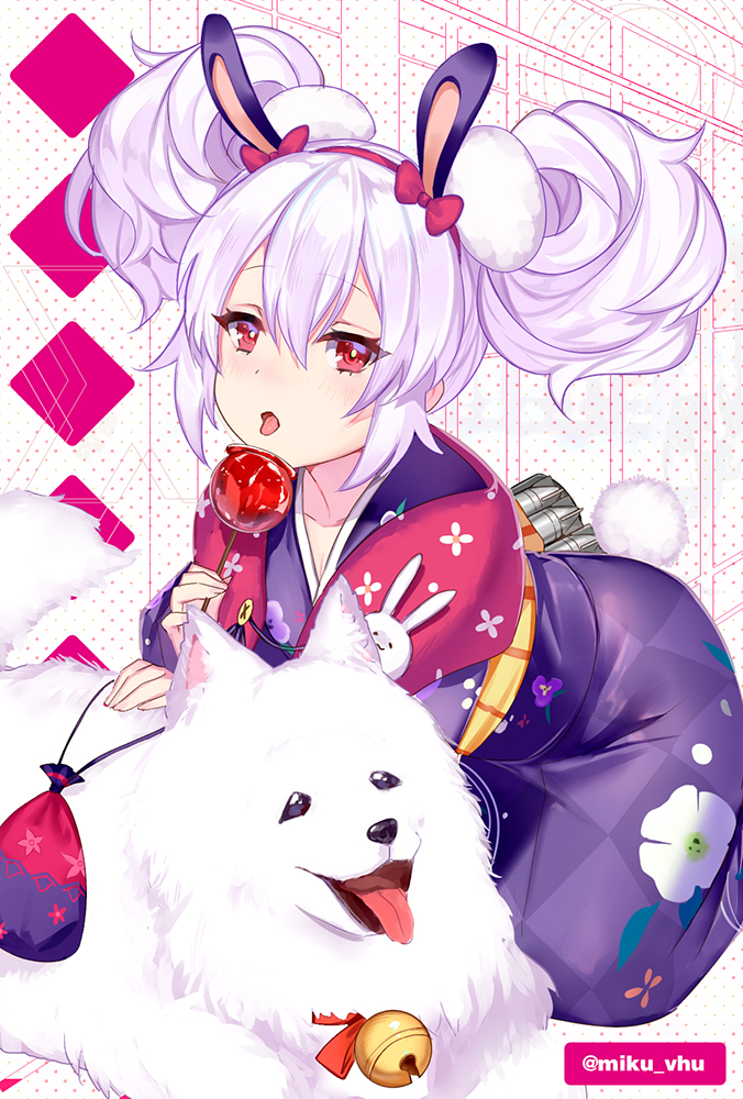 1girl animal_ears azur_lane bell blush bow bunny_tail candy_apple dog eyebrows_visible_through_hair floral_print food hair_between_eyes hairband holding holding_food japanese_clothes jingle_bell kimono kneeling laffey_(azur_lane) lavender_hair leaning_forward looking_at_viewer open_mouth polka_dot polka_dot_background pouch rabbit_ears red_bow red_eyes tail tongue tongue_out twintails twitter_username vhumiku white_background