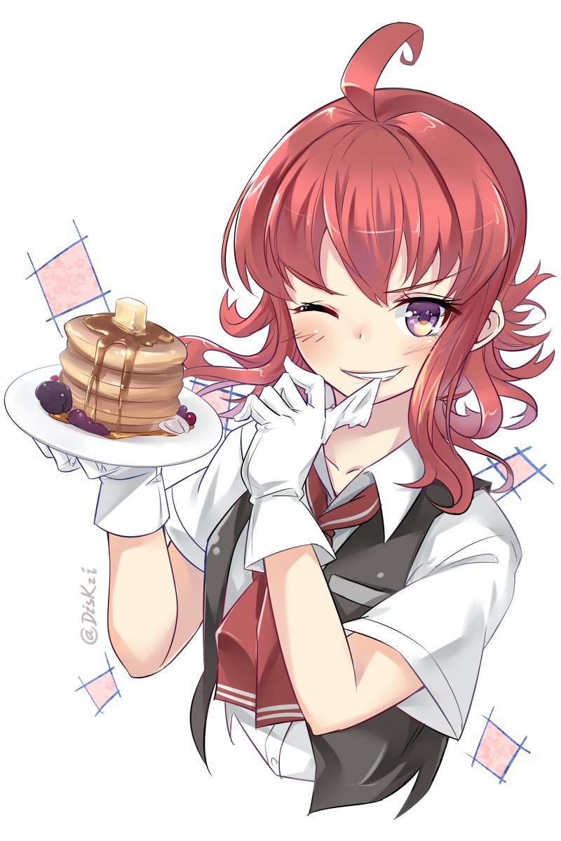 1girl ahoge arashi_(kantai_collection) biting black_vest blouse butter food gloves grin highres kantai_collection looking_at_viewer lzd neck_ribbon neckerchief pancake red_ribbon redhead ribbon school_uniform shirt short_sleeves smile solo twitter_username upper_body vest white_background white_gloves white_shirt