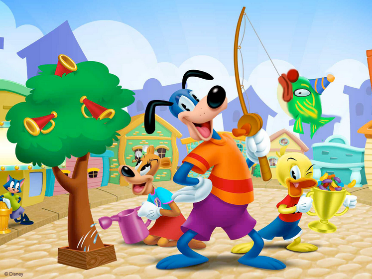 1girl 3boys animal bear bird candy cat clown disney dog duck fish fishing_rod flippy_doggenbottom megaphone shirt shorts toontown toontown_online tree trophy watering_can