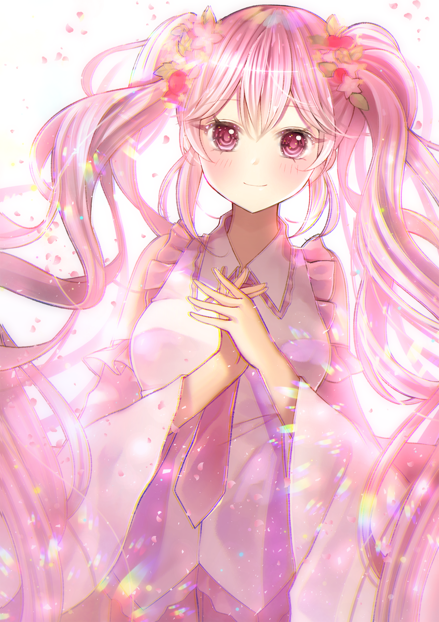 1girl bangs bare_shoulders blush collared_shirt detached_sleeves dutch_angle flower frills hair_flower hair_ornament hatsune_miku highres leaf_hair_ornament light_particles long_hair long_sleeves narami necktie own_hands_together petals pink_eyes pink_hair pink_neckwear ringed_eyes sakura_miku shiny shiny_hair shirt simple_background solo tareme twintails upper_body very_long_hair vocaloid white_background white_shirt wide_sleeves