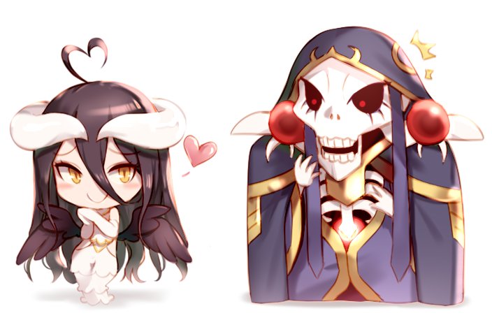 /\/\/\ 1boy 1girl ahoge ainz_ooal_gown albedo bare_shoulders black_hair black_sclera blush_stickers breasts chibi closed_mouth commentary_request demon_girl dress elbow_gloves eyebrows_visible_through_hair gloves hair_between_eyes hand_up heart heart_ahoge hood hood_up horns kyuri_tizu long_hair looking_at_another overlord_(maruyama) own_hands_together red_eyes robe sanpaku simple_background skeleton smile standing white_background white_dress wings
