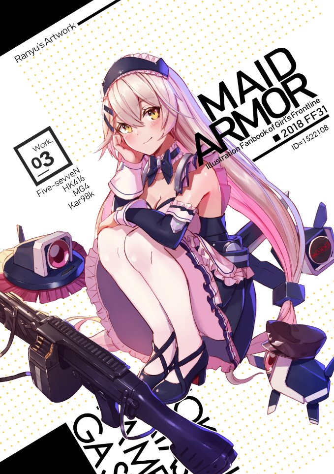1girl alternate_costume apron bangs black_bow black_footwear blush bow bow_choker breasts bullet character_name choker cleavage collarbone corset detached_sleeves dinergate_(girls_frontline) enmaided frilled_choker frilled_skirt frills full_body girls_frontline gun h&amp;k_mg4 hair_between_eyes hair_ornament hairclip hat head_in_hand head_tilt heckler_&amp;_koch holding holding_mop holding_shoes long_hair looking_at_viewer low_twintails magazine_(weapon) maid maid_apron maid_headdress medium_breasts mg4_(girls_frontline) pantyhose peaked_cap ranyu shoes sidelocks silver_hair skirt smile solo squatting twintails very_long_hair weapon white_legwear yellow_eyes