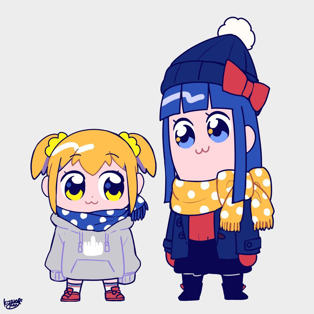 2girls :3 beanie bkub_(style) black_legwear blonde_hair blue_eyes blue_hair boots bow coat eye_contact hair_bow hat hood hoodie kisaragi_yuu_(fallen_sky) long_hair long_sleeves looking_at_another multiple_girls oversized_clothes pipimi polka_dot poptepipic popuko scarf scrunchie shoes short_hair sidelocks skirt socks twintails yellow_eyes