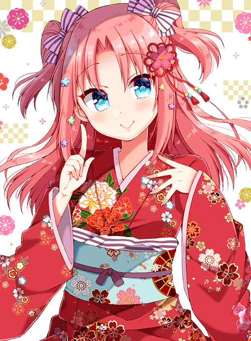 1boy :&gt; arikawa_hime bangs blue_eyes bow checkered closed_mouth eyebrows_visible_through_hair floral_print flower hair_bow hair_flower hair_ornament hand_on_own_chest himegoto index_finger_raised japanese_clothes kimono long_hair long_sleeves looking_at_viewer male_focus obi parted_bangs pink_flower pink_hair print_kimono red_kimono sash shiny shiny_hair sleeves_past_wrists smile striped striped_bow tassel trap tsukudani_norio two_side_up upper_body white_bow wide_sleeves