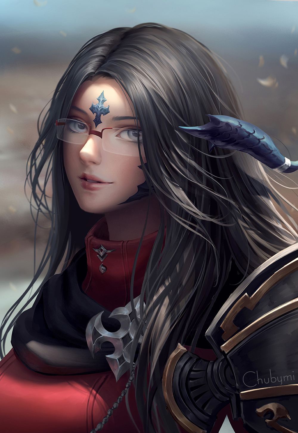 1girl artist_name artstation_sample au_ra black_hair chuby_mi close-up dragon_horns face final_fantasy final_fantasy_xiv grey_eyes highres horns image_sample lips long_hair looking_at_viewer parted_lips rimless_eyewear scales solo upper_body