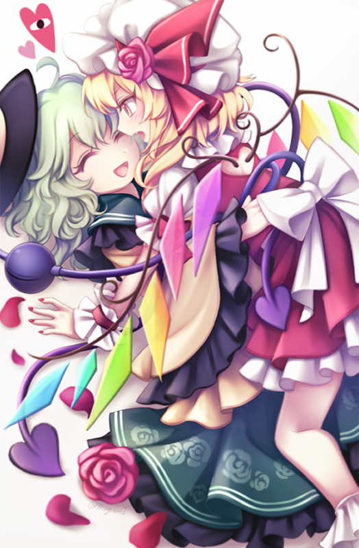 2girls blonde_hair closed_eyes eyebrows_visible_through_hair flandre_scarlet flower frills from_side green_hair green_skirt hat hat_flower hat_ribbon heart komeiji_koishi laevatein long_sleeves miy_001 mob_cap multiple_girls nail_polish open_mouth petals petticoat profile puffy_short_sleeves puffy_sleeves red_eyes red_flower red_nails red_ribbon red_rose ribbon rose short_hair short_sleeves skirt smile third_eye touhou wings wrist_cuffs yuri