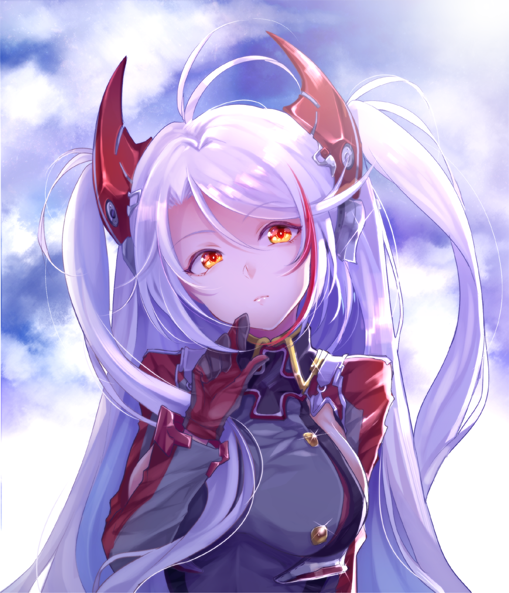 1girl antenna_hair arm_at_side azur_lane bangs blush breasts buttons closed_mouth clouds cloudy_sky collared_jacket expressionless eyebrows_visible_through_hair eyelashes gloves hair_between_eyes half-closed_eyes hand_on_own_chin head_tilt headgear iron_cross jacket large_breasts long_hair looking_at_viewer military military_uniform multicolored multicolored_clothes multicolored_gloves multicolored_hair multicolored_jacket orange_eyes oz_snowrose prinz_eugen_(azur_lane) redhead sideboob sidelocks silver_hair sky solo sparkle streaked_hair tareme thinking two_side_up uniform upper_body very_long_hair