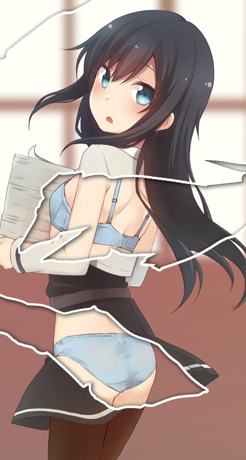 1girl asashio_(kantai_collection) ass bangs black_dress black_hair blue_bra blue_eyes blue_panties blurry blurry_background bra breasts brown_legwear cowboy_shot depth_of_field dress eyebrows_visible_through_hair hair_between_eyes head_tilt holding indoors jacket kantai_collection long_hair long_sleeves looking_at_viewer looking_to_the_side nagami_yuu page_tear panties pantyhose paper_stack parted_lips pleated_skirt remodel_(kantai_collection) revealing_cutout skirt small_breasts solo underwear very_long_hair white_jacket window