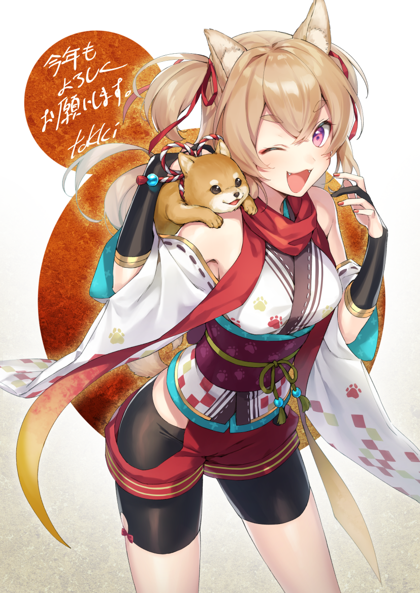1girl ;3 ;d animal animal_ears animal_on_shoulder bangs bike_shorts black_gloves black_shorts blonde_hair contrapposto cowboy_shot detached_sleeves dog dog_ears dog_tail eyebrows_visible_through_hair fangs fingernails gloves gradient gradient_background hair_ribbon japanese_clothes kimono kotoyoro long_hair looking_at_viewer nail_polish new_year obi one_eye_closed open_mouth original partly_fingerless_gloves paw_print pink_eyes red_nails red_ribbon red_scarf ribbon ribbon-trimmed_sleeves ribbon_trim rope sash scarf shimenawa short_kimono shorts smile solo standing tail tokki two_side_up v-shaped_eyebrows wide_sleeves year_of_the_dog