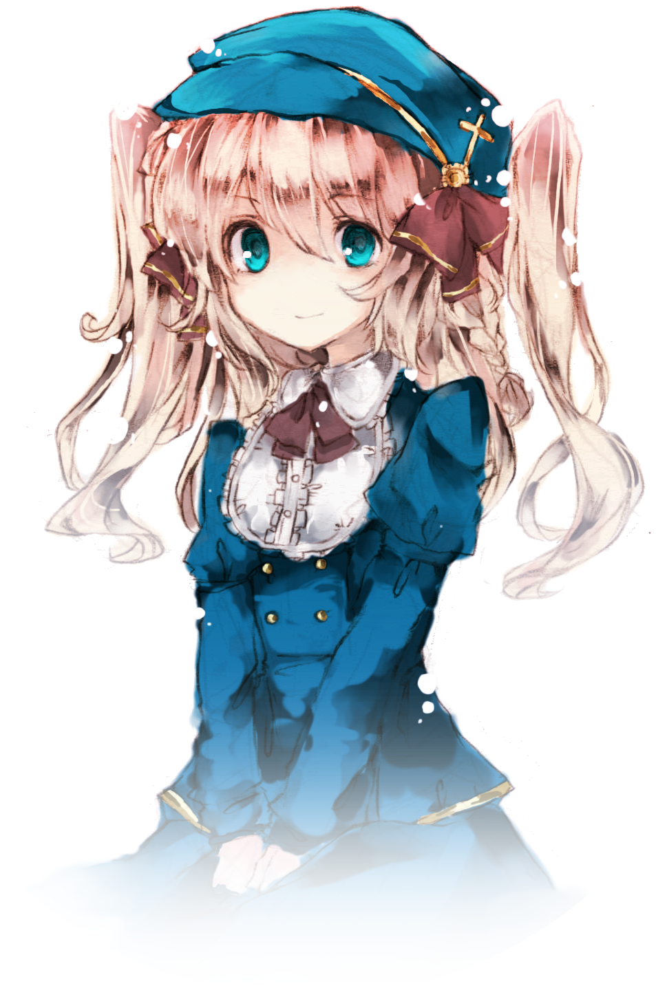 1girl bangs blue_dress braid brown_ribbon buttons closed_mouth commentary_request cropped_legs dress eyebrows_visible_through_hair gold_buttons green_eyes hair_between_eyes hair_ribbon hat highres long_hair long_sleeves looking_at_viewer original puffy_sleeves ribbon sato_imo solo translation_request twintails